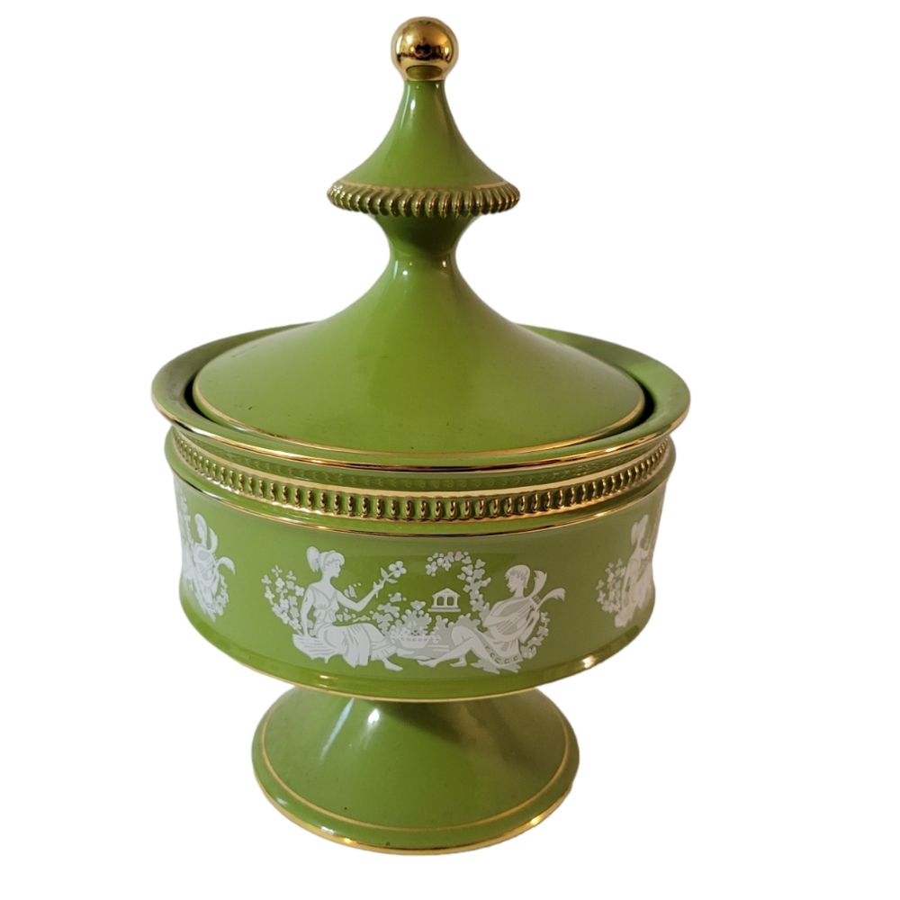 Vintage Florentine Footed Compote With Lid Green W Courting Couple Motif